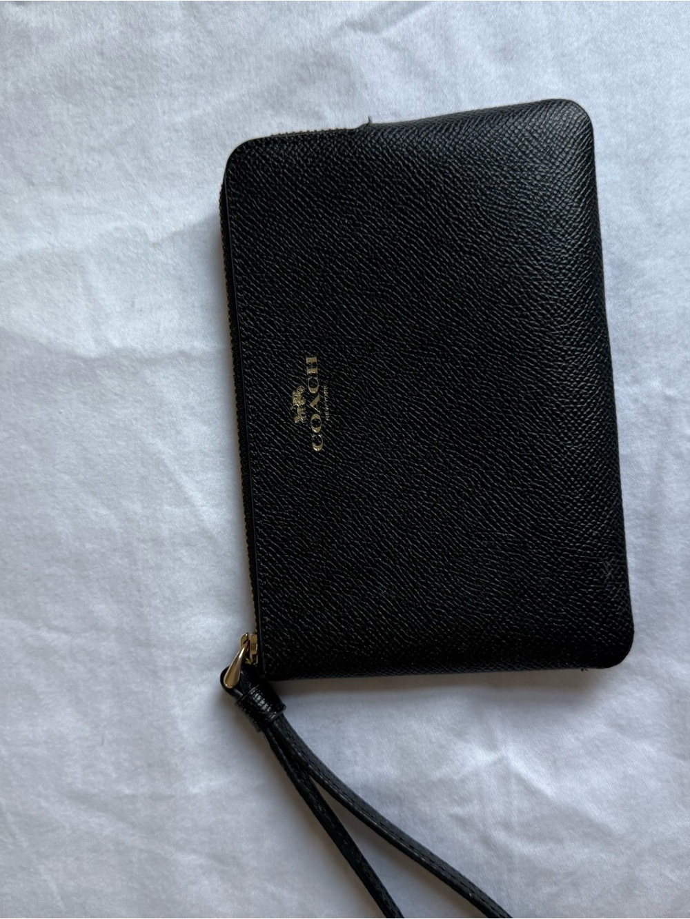 Coach Black Leather Zip Wristlet with Gold Logo